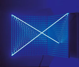 scultura, vetro quadrettato specchiante e neon blu 40x40x40cm , 1997 